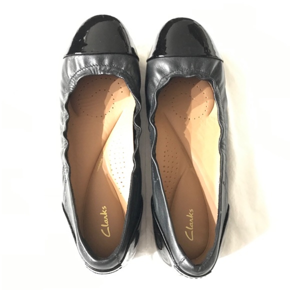 Clarks Leather Rena Jazz Flat Shoes Black Women's Size 8.5 W Contour Cushion - Picture 2 of 9